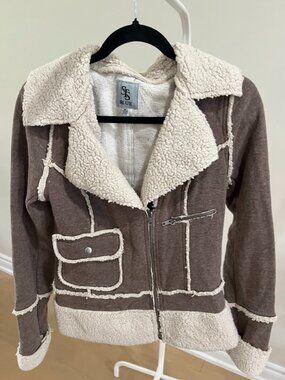 Brown Fleece Sherpa Lined Exposed Seam Moto Aviator Jacket M